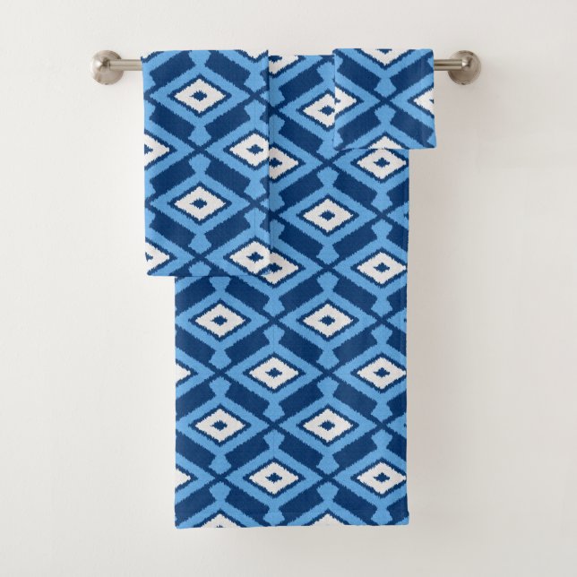 Ikat Pattern, Indigo and Denim Blue Bath Towel Set (Insitu)