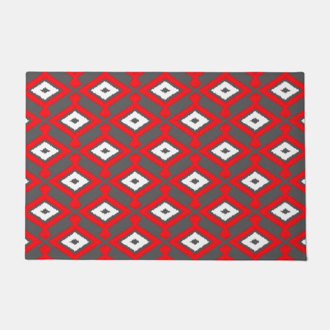 Ikat Pattern, Red, Charcoal Grey and White  Doormat (Front)