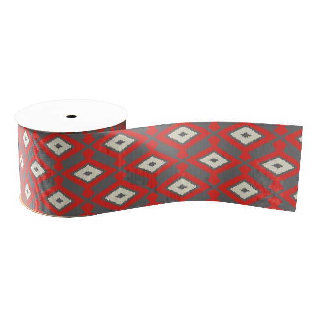 Ikat Pattern - Red, Grey and Beige Grosgrain Ribbon (Spool)