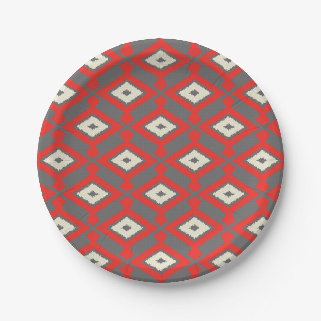 Ikat Pattern - Red, Grey and Beige Paper Plate (Front)