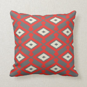 Ikat Pattern - Red, Grey and Beige Throw Pillow