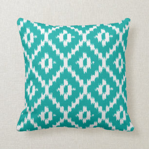Ikat pattern - Turquoise and white Throw Pillow