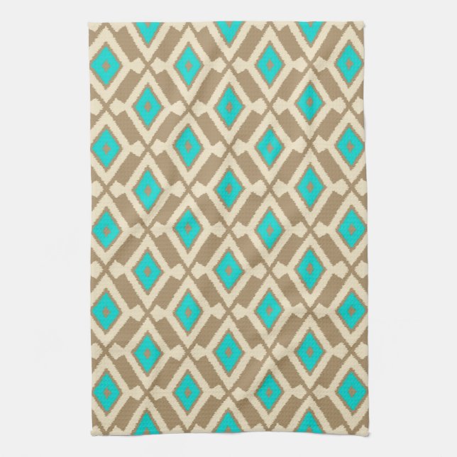 Ikat Pattern - Turquoise, Taupe and Beige Kitchen Towel (Vertical)