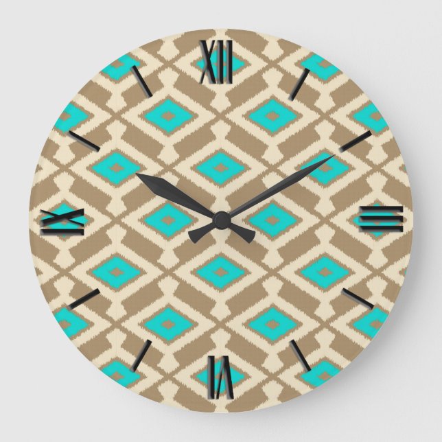 Ikat Pattern - Turquoise, Taupe and Beige Large Clock (Front)