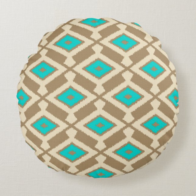 Ikat Pattern - Turquoise, Taupe and Beige Round Pillow (Front)