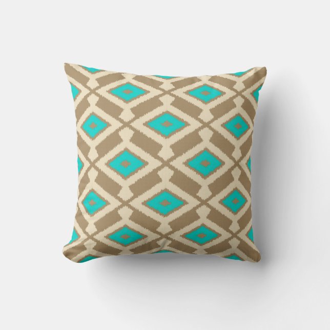 Ikat Pattern - Turquoise, Taupe and Beige Throw Pillow (Front)