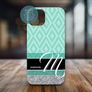 Ikat Pattern with Monogram - teal green black iPhone 15 Case
