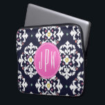 Ikat & Pink Monogram Laptop Sleeve<br><div class="desc">A gift which can be personalized with your monogram inside pink circle at centre.  Background is navy blue and white ikat pattern.</div>