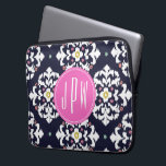 Ikat & Pink Monogram Laptop Sleeve<br><div class="desc">A gift which can be personalized with your monogram inside pink circle at centre.  Background is navy blue and white ikat pattern.</div>