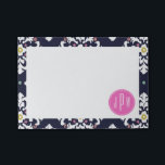 Ikat & Pink Monogram Post-it Notes<br><div class="desc">A gift which can be personalized with your monogram inside pink circle at centre.  Background is navy blue and white ikat pattern.</div>