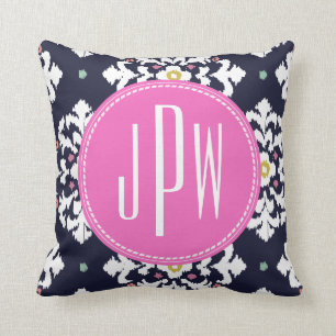 Ikat & Pink Monogram Throw Pillow