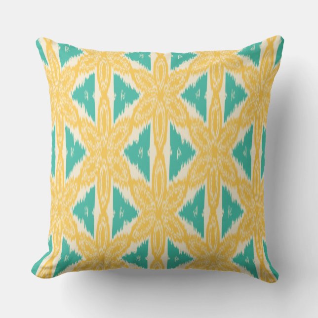 Ikat Print Yellow and Teal Outdoor Pillow (Front)