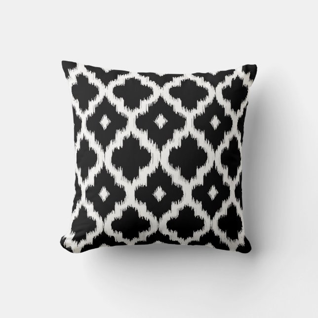 Ikat Quatrefoil Pattern Black and White Throw Pillow (Front)