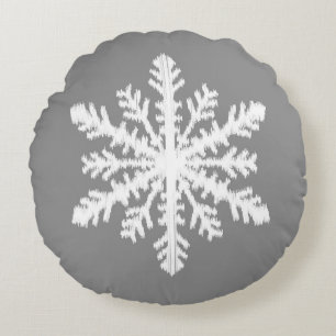 Ikat Snowflake - Charcoal Grey and White Round Pillow