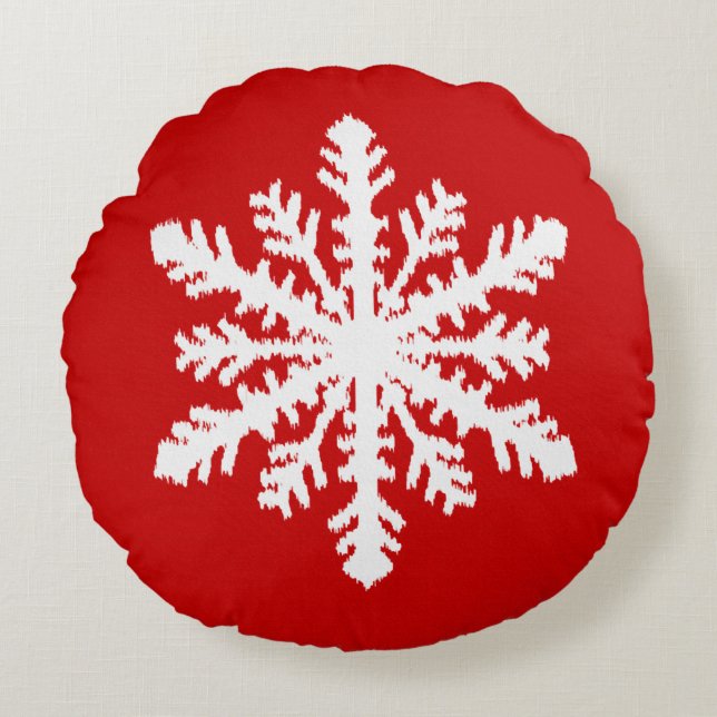 Ikat Snowflake - Dark red and white Round Pillow (Front)