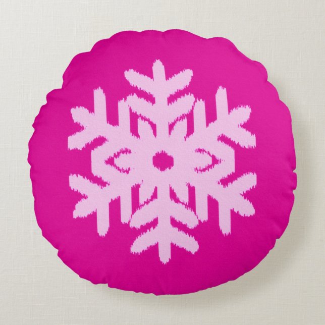 Ikat Snowflake - Fuchsia and ice pink Round Pillow (Front)