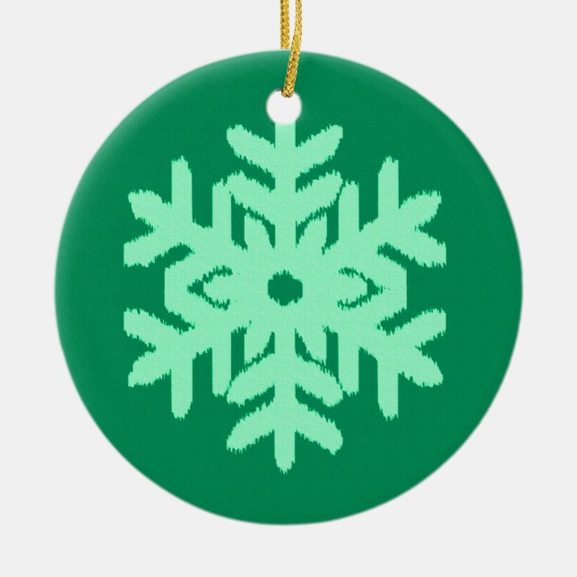 Ikat Snowflake - Pine and mint green Ceramic Ornament (Front)