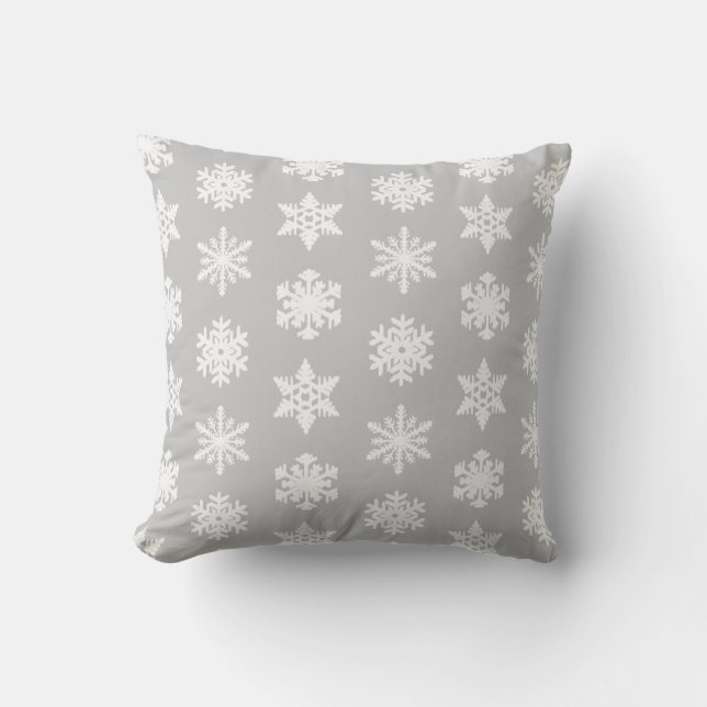 Ikat Snowflake - Silver grey and white Throw Pillow (Front)