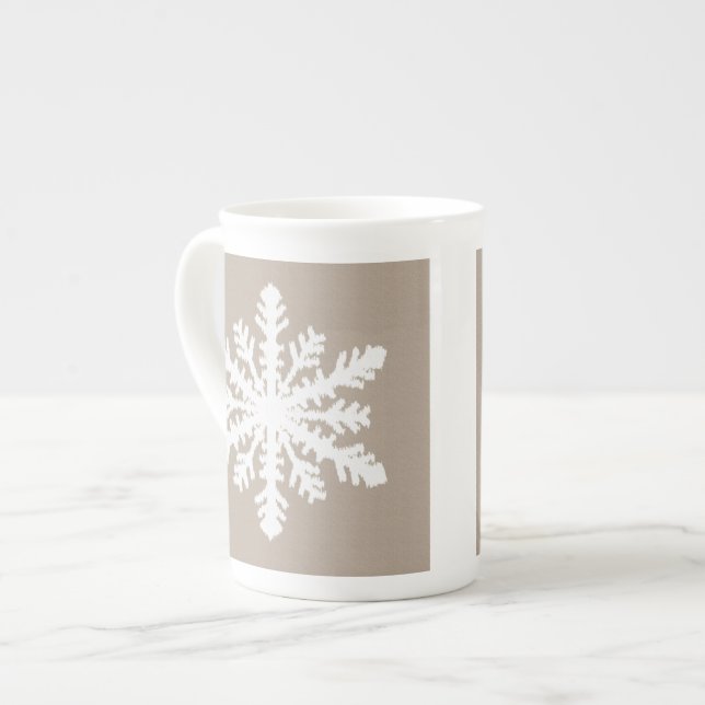 Ikat Snowflake - Taupe tan and white Bone China Mug (Front Left)