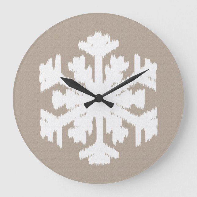 Ikat Snowflake - Taupe tan and white Large Clock (Front)