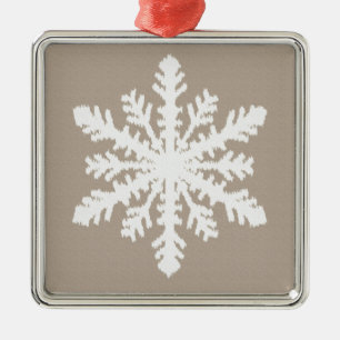 Ikat Snowflake - Taupe tan and white Metal Ornament
