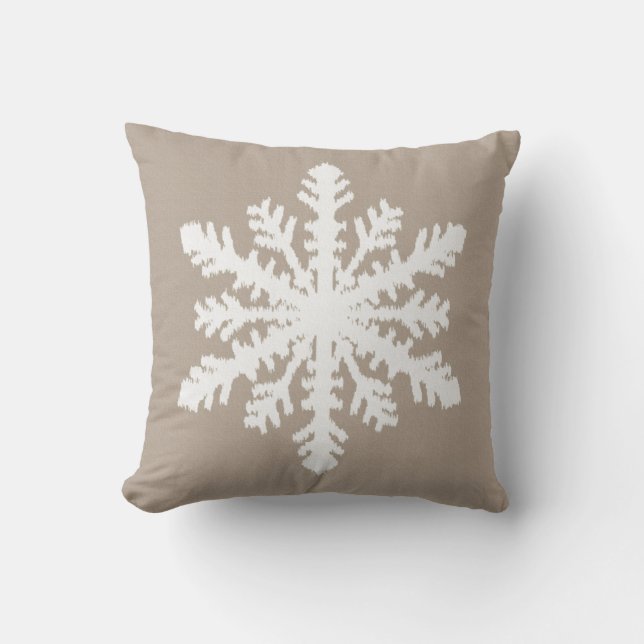 Ikat Snowflake - Taupe tan and white Throw Pillow (Front)