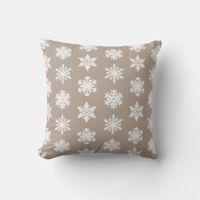 Ikat Snowflake - Taupe tan and white Throw Pillow (Front)