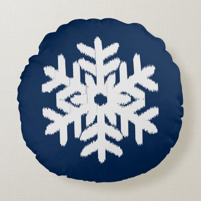 Ikat Snowflake - White and Dark Navy Blue Round Pillow (Front)
