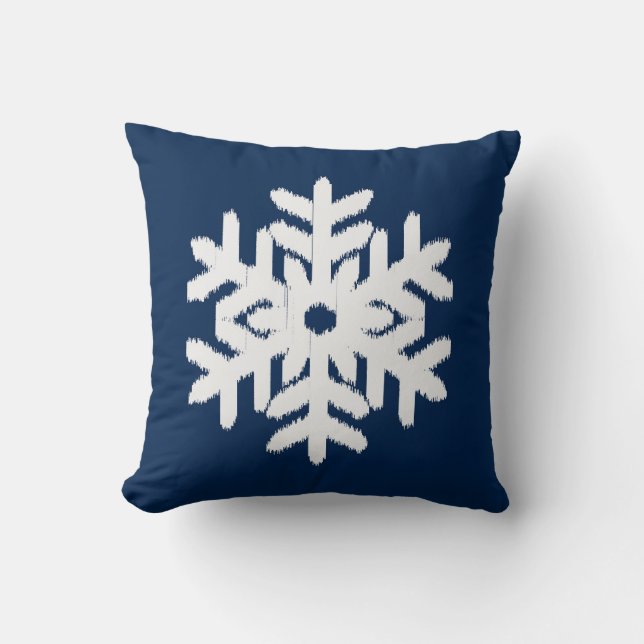 Ikat Snowflake - White and Dark Navy Blue Throw Pillow (Front)