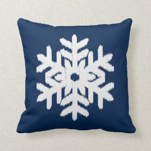 Ikat Snowflake - White and Dark Navy Blue Throw Pillow