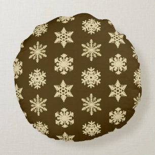 Ikat Snowflakes - Beige and Chocolate Brown Round Pillow