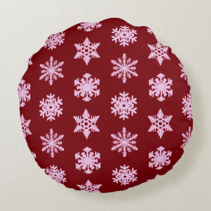 Ikat Snowflakes - Burgundy Wine and Pink Round Pillow