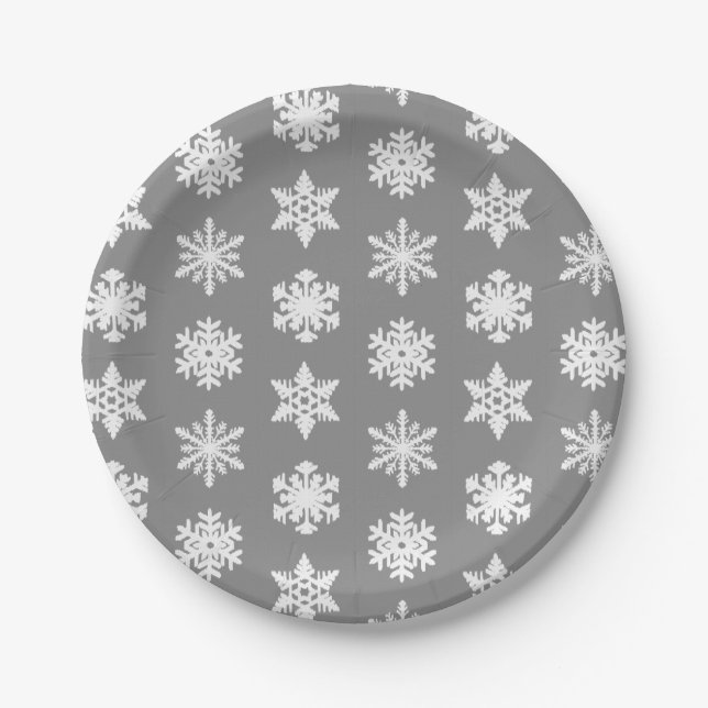 Ikat Snowflakes - Charcoal Grey and White Paper Plate (Front)