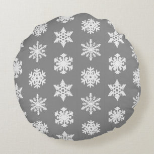 Ikat Snowflakes - Charcoal Grey and White Round Pillow