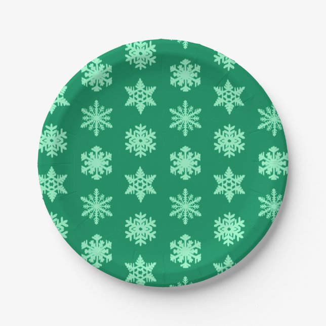 Ikat Snowflakes - Pine and mint green Paper Plate (Front)