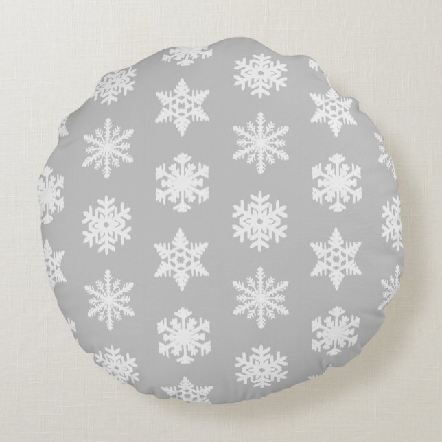 Ikat Snowflakes - Silver grey and white Round Pillow (Back)