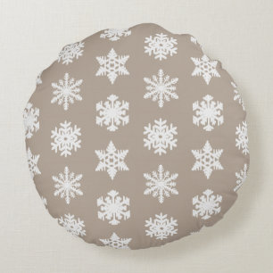 Ikat Snowflakes - Taupe tan and white Round Pillow