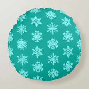 Ikat Snowflakes - Turquoise and aqua Round Pillow