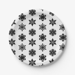 Ikat Snowflakes - White and black Paper Plate