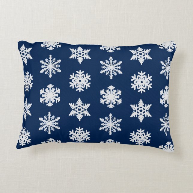 Ikat Snowflakes - White and Dark Navy Blue Accent Pillow (Back)