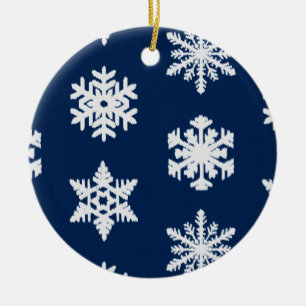 Ikat Snowflakes - White and Dark Navy Blue Ceramic Ornament