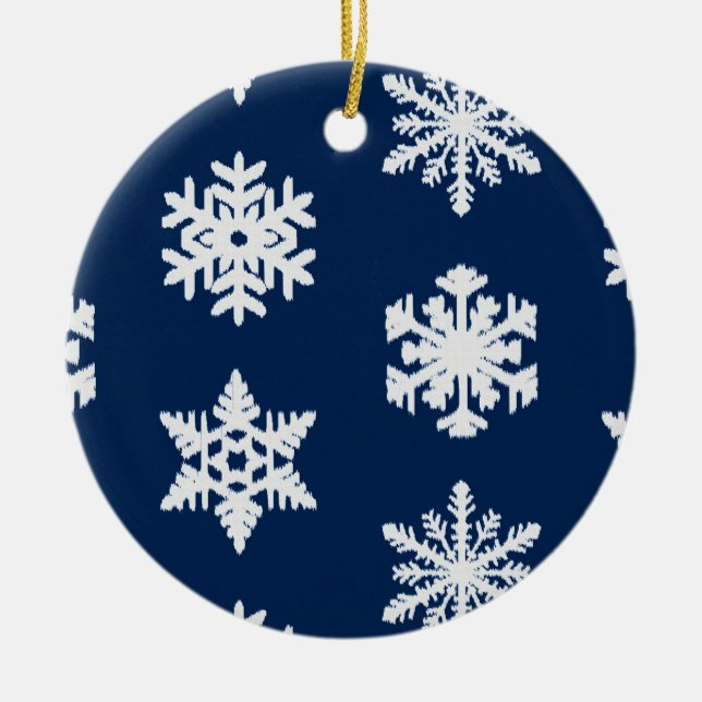 Ikat Snowflakes - White and Dark Navy Blue Ceramic Ornament (Front)