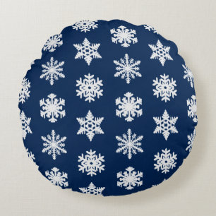 Ikat Snowflakes - White and Dark Navy Blue Round Pillow