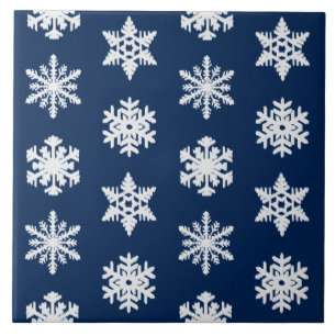 Ikat Snowflakes - White and Dark Navy Blue Tile