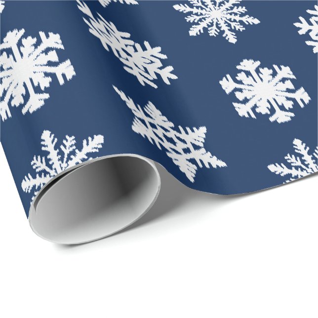 Ikat Snowflakes - White and Dark Navy Blue Wrapping Paper (Roll Corner)