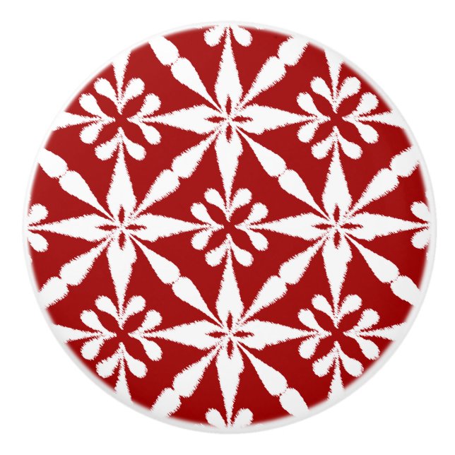 Ikat Star Pattern - Dark Red and White Ceramic Knob (Front)