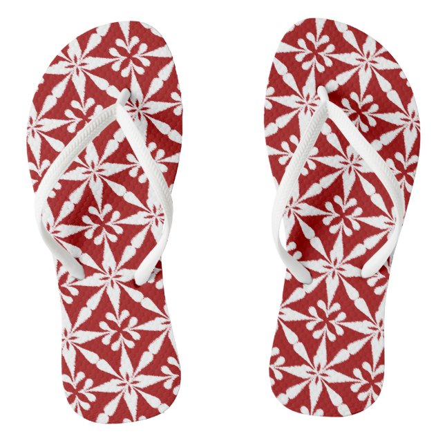 Ikat Star Pattern - Dark Red and White Flip Flops (Footbed)
