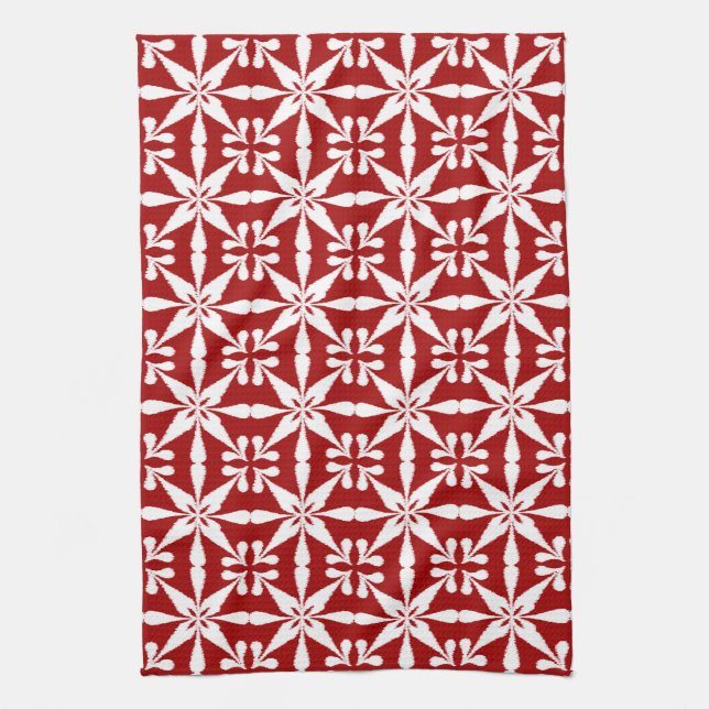 Ikat Star Pattern, Dark Red and White Kitchen Towel (Vertical)