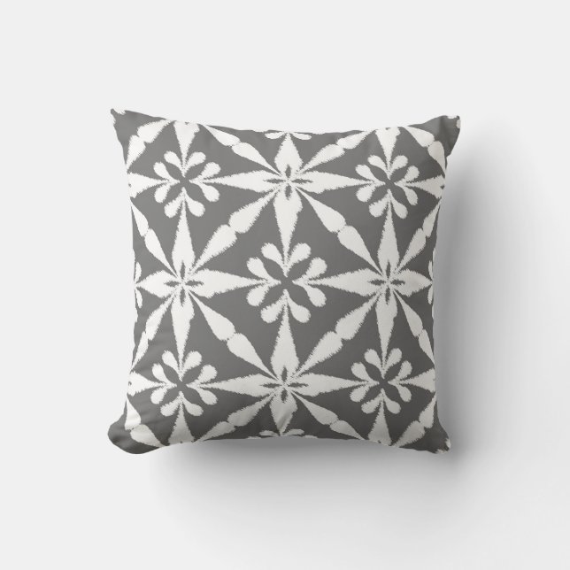 Ikat Star Pattern - Grey / Grey and White Throw Pillow (Front)