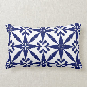 Ikat Star Pattern - Navy Blue and White Lumbar Pillow